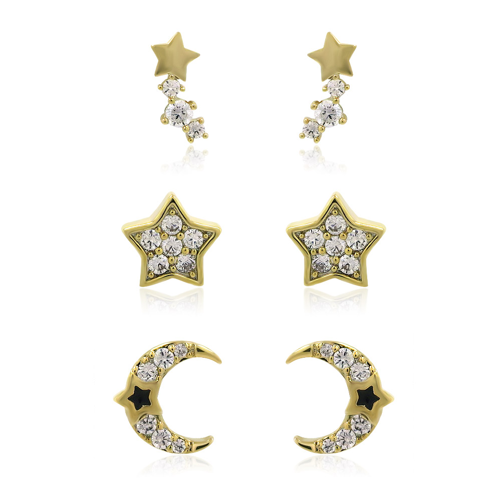 Set of Three Stud Earrings Star Moon Theme